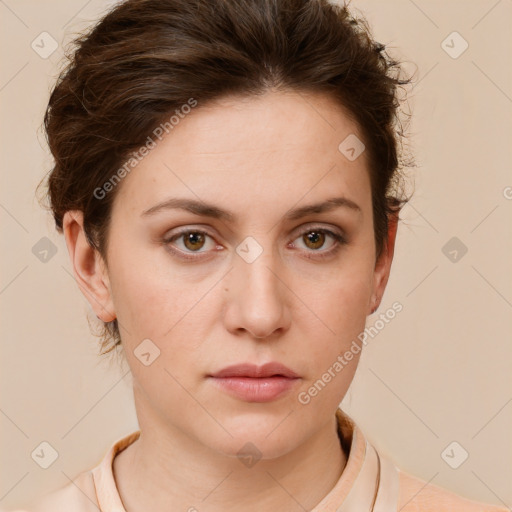 Neutral white young-adult female with short  brown hair and brown eyes