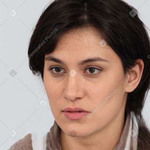 Neutral white young-adult female with medium  brown hair and brown eyes