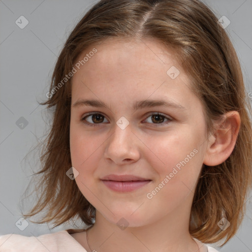 Joyful white child female with medium  brown hair and brown eyes