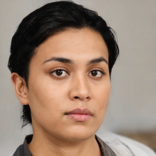 Neutral asian young-adult female with medium  black hair and brown eyes