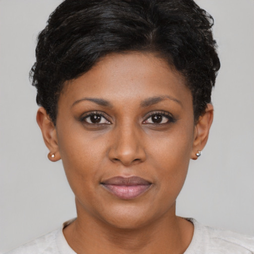 Neutral asian young-adult female with short  brown hair and brown eyes