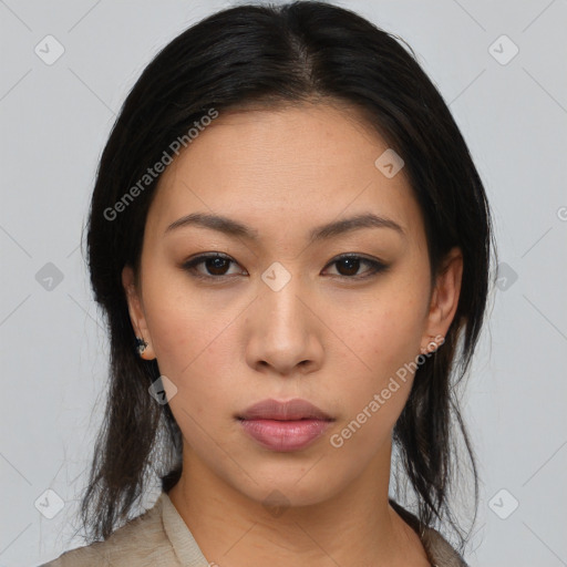 Neutral asian young-adult female with medium  brown hair and brown eyes