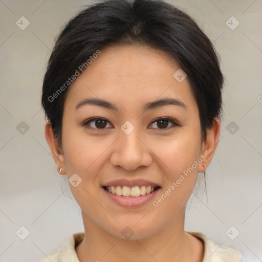 Joyful asian young-adult female with medium  brown hair and brown eyes