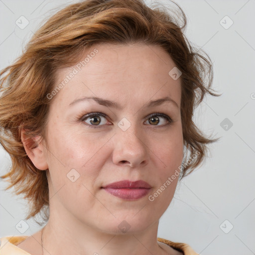 Joyful white young-adult female with medium  brown hair and blue eyes