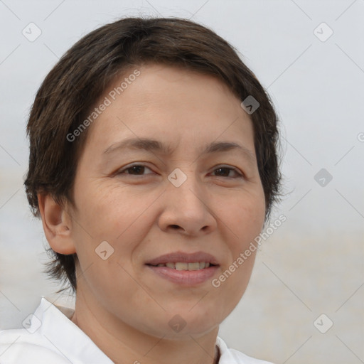 Joyful white adult female with short  brown hair and brown eyes