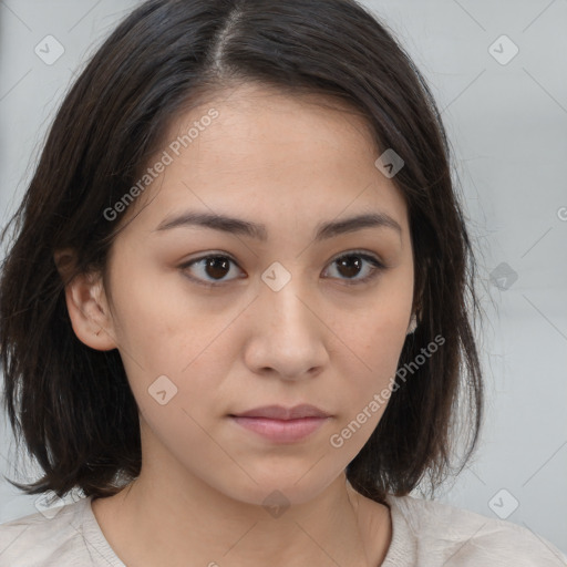 Neutral white young-adult female with medium  brown hair and brown eyes