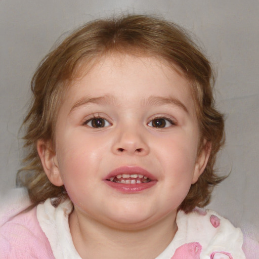 Joyful white child female with medium  brown hair and blue eyes