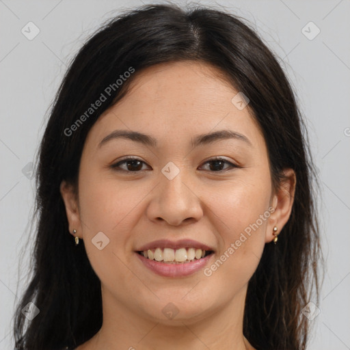 Joyful white young-adult female with long  brown hair and brown eyes