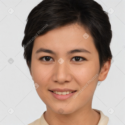 Joyful asian young-adult female with short  brown hair and brown eyes