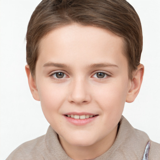 Joyful white child female with short  brown hair and brown eyes