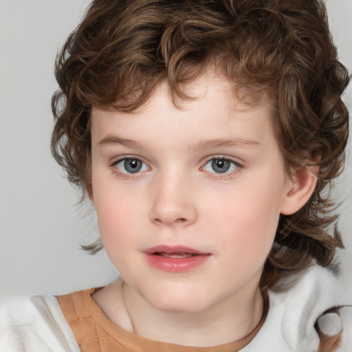 Joyful white child female with medium  brown hair and brown eyes