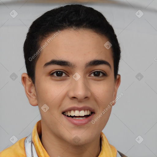 Joyful latino young-adult female with short  brown hair and brown eyes