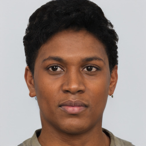 Neutral black young-adult female with short  black hair and brown eyes