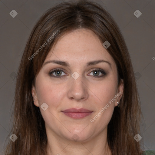 Joyful white young-adult female with long  brown hair and grey eyes