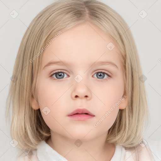 Neutral white child female with medium  brown hair and blue eyes