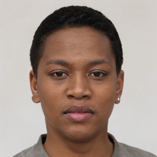 Neutral black young-adult female with short  black hair and brown eyes