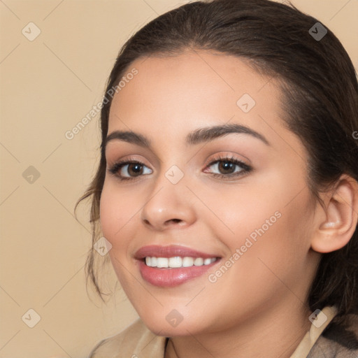 Joyful white young-adult female with medium  brown hair and brown eyes