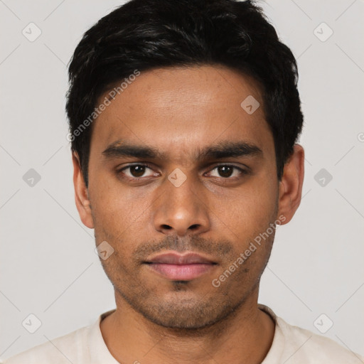 Neutral asian young-adult male with short  black hair and brown eyes