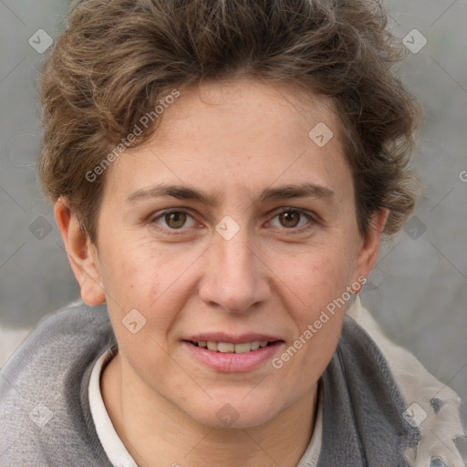 Joyful white adult female with short  brown hair and brown eyes