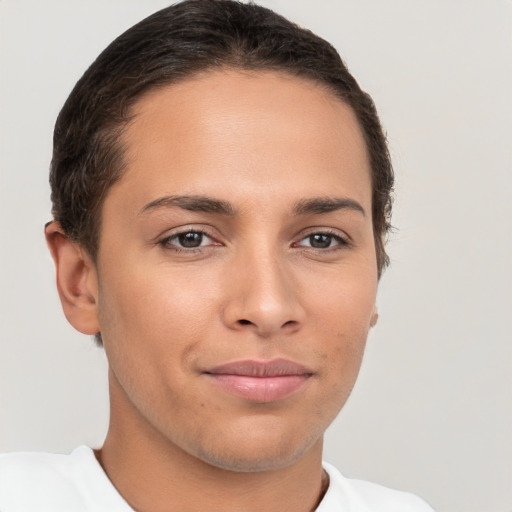 Joyful white young-adult female with short  brown hair and brown eyes