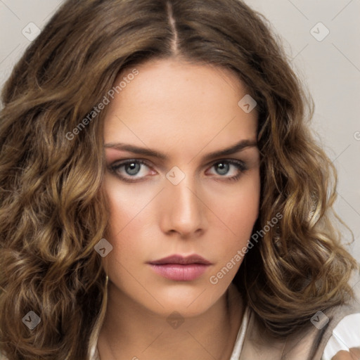 Neutral white young-adult female with long  brown hair and brown eyes