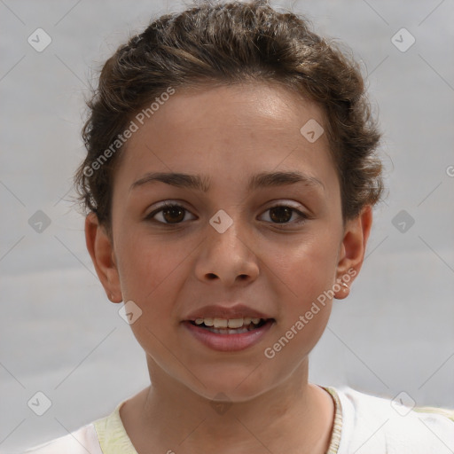 Joyful white child female with short  brown hair and brown eyes