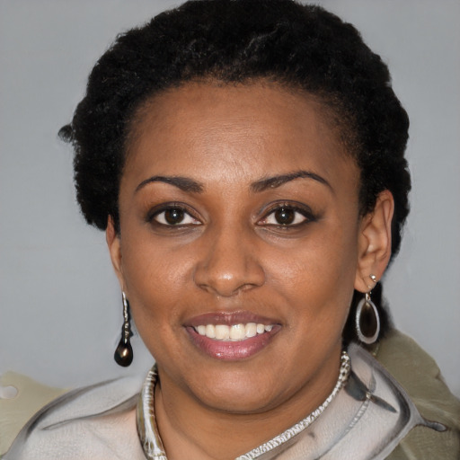 Joyful black young-adult female with short  brown hair and brown eyes