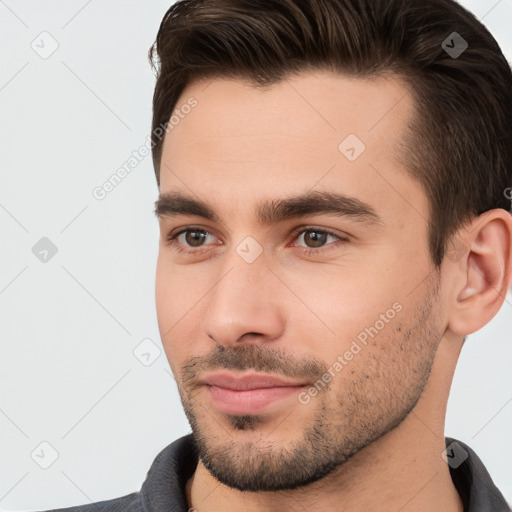 Neutral white young-adult male with short  brown hair and brown eyes