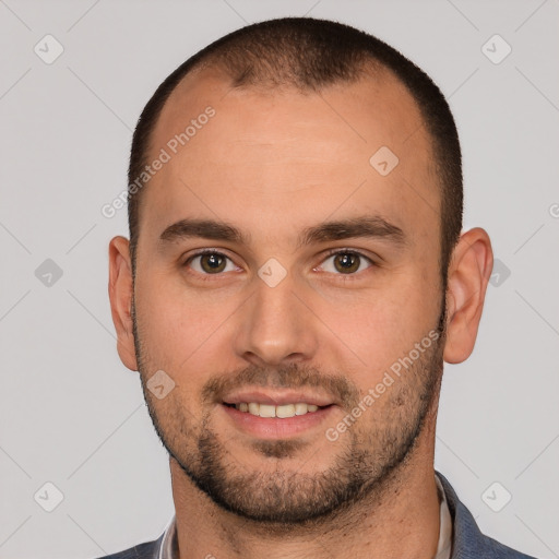 Joyful white young-adult male with short  brown hair and brown eyes