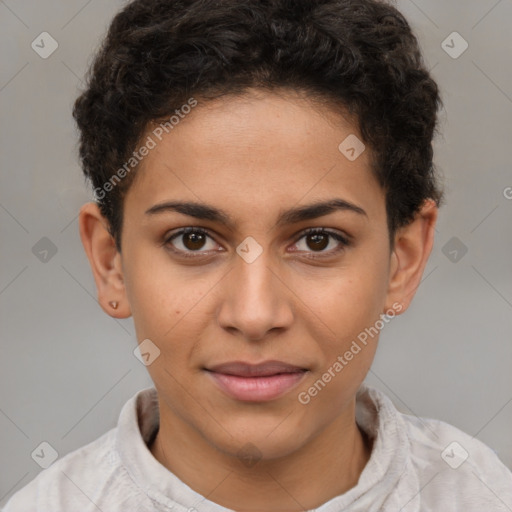 Joyful latino young-adult female with short  brown hair and brown eyes