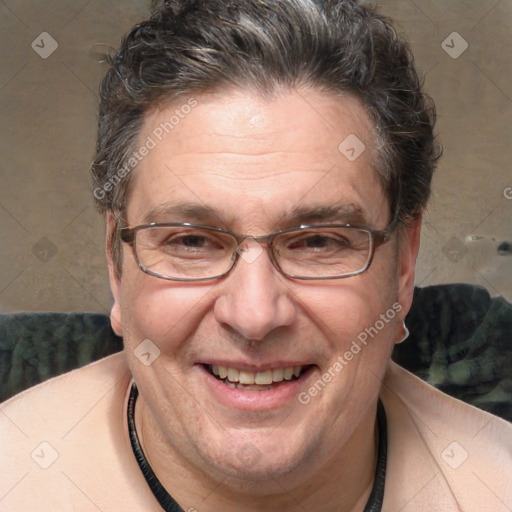 Joyful white middle-aged male with short  brown hair and brown eyes