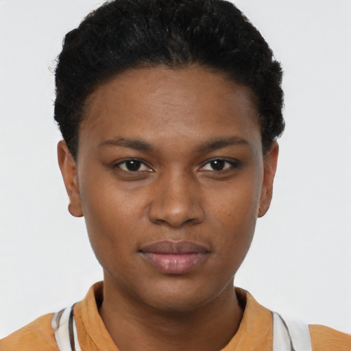 Neutral black young-adult female with short  brown hair and brown eyes