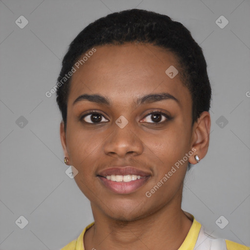 Joyful latino young-adult female with short  black hair and brown eyes