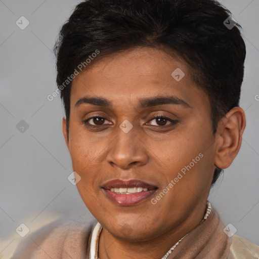 Joyful latino young-adult female with short  brown hair and brown eyes