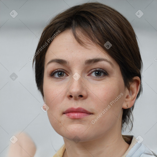 Neutral white young-adult female with medium  brown hair and brown eyes