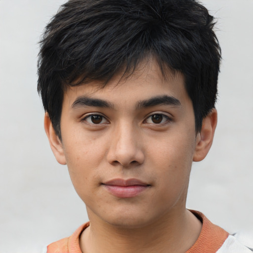 Neutral asian young-adult male with short  brown hair and brown eyes