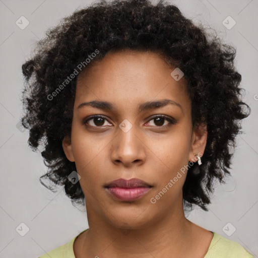 Neutral black young-adult female with short  black hair and brown eyes