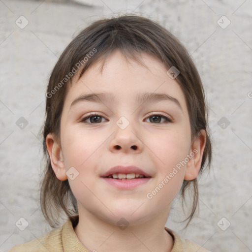 Joyful white child female with medium  brown hair and brown eyes