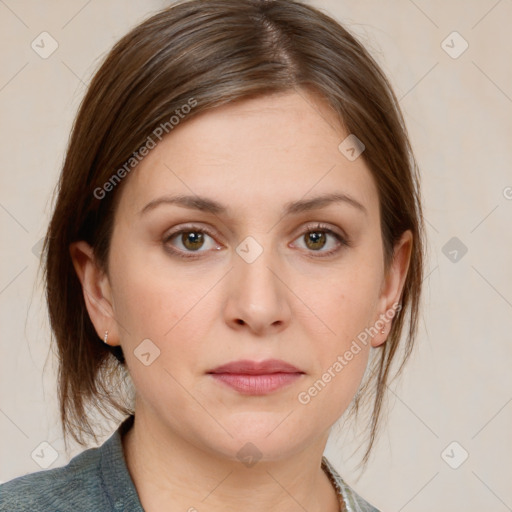 Neutral white young-adult female with medium  brown hair and grey eyes