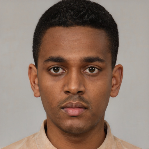 Neutral black young-adult male with short  black hair and brown eyes