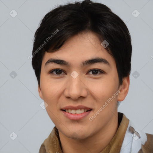 Joyful asian young-adult female with short  brown hair and brown eyes