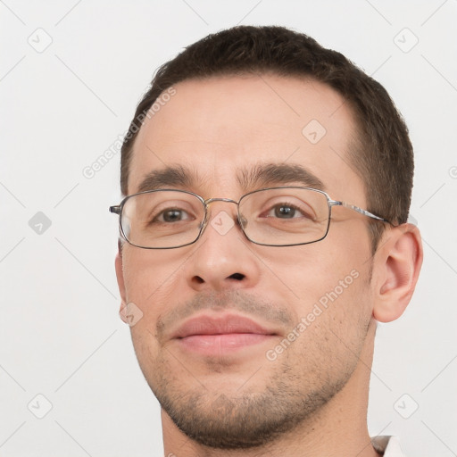 Neutral white young-adult male with short  brown hair and brown eyes