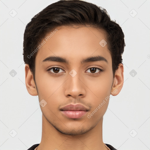 Neutral latino young-adult male with short  brown hair and brown eyes