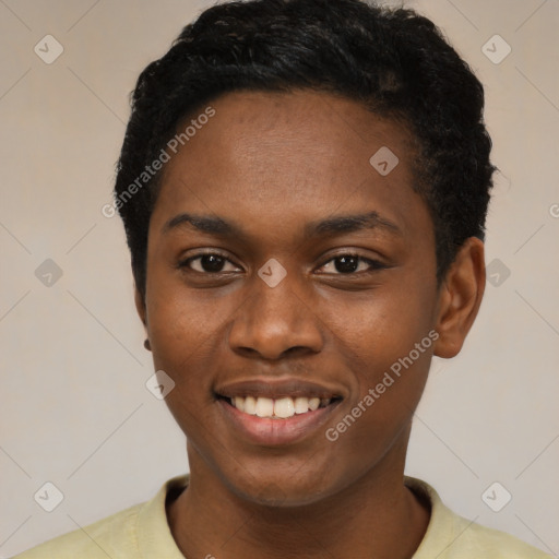 Joyful latino young-adult female with short  black hair and brown eyes