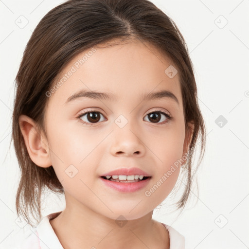 Joyful white child female with medium  brown hair and brown eyes