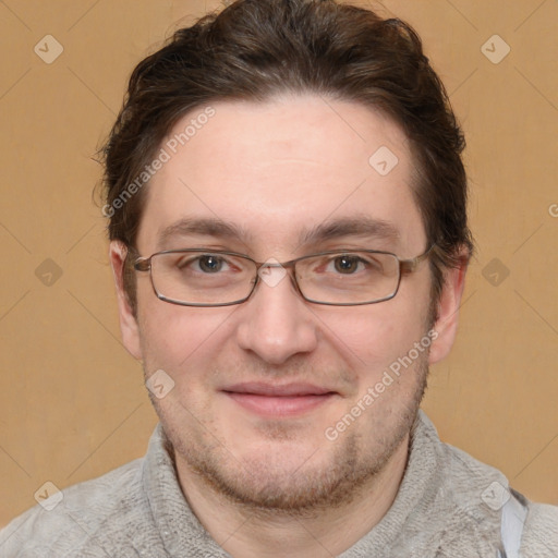 Joyful white adult male with short  brown hair and grey eyes