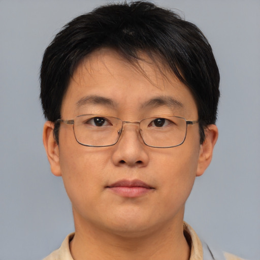 Neutral asian adult male with short  brown hair and brown eyes