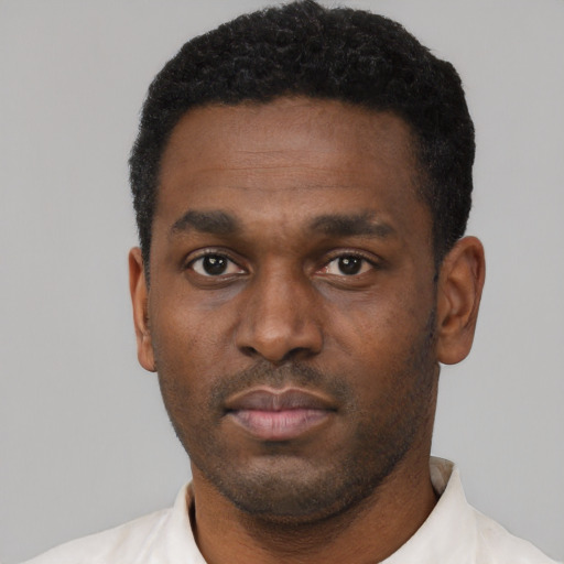 Neutral black young-adult male with short  black hair and brown eyes