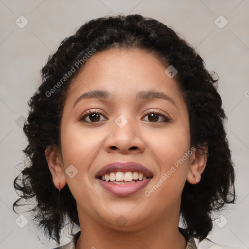 Joyful black young-adult female with medium  brown hair and brown eyes