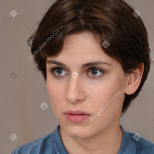 Neutral white young-adult female with medium  brown hair and brown eyes